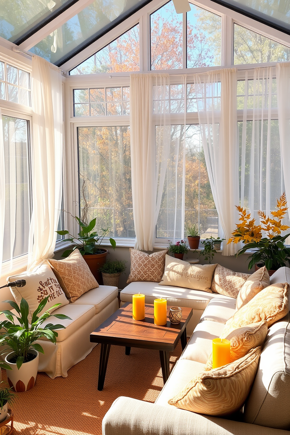 A cozy sunroom filled with natural light. The space features a comfortable seating area adorned with plush cushions and warm amber-hued candles flickering softly on the coffee table. Surrounding the seating are potted plants that bring a touch of nature indoors. Soft, sheer curtains frame the windows, allowing the autumn sunlight to filter through, creating a warm and inviting atmosphere.