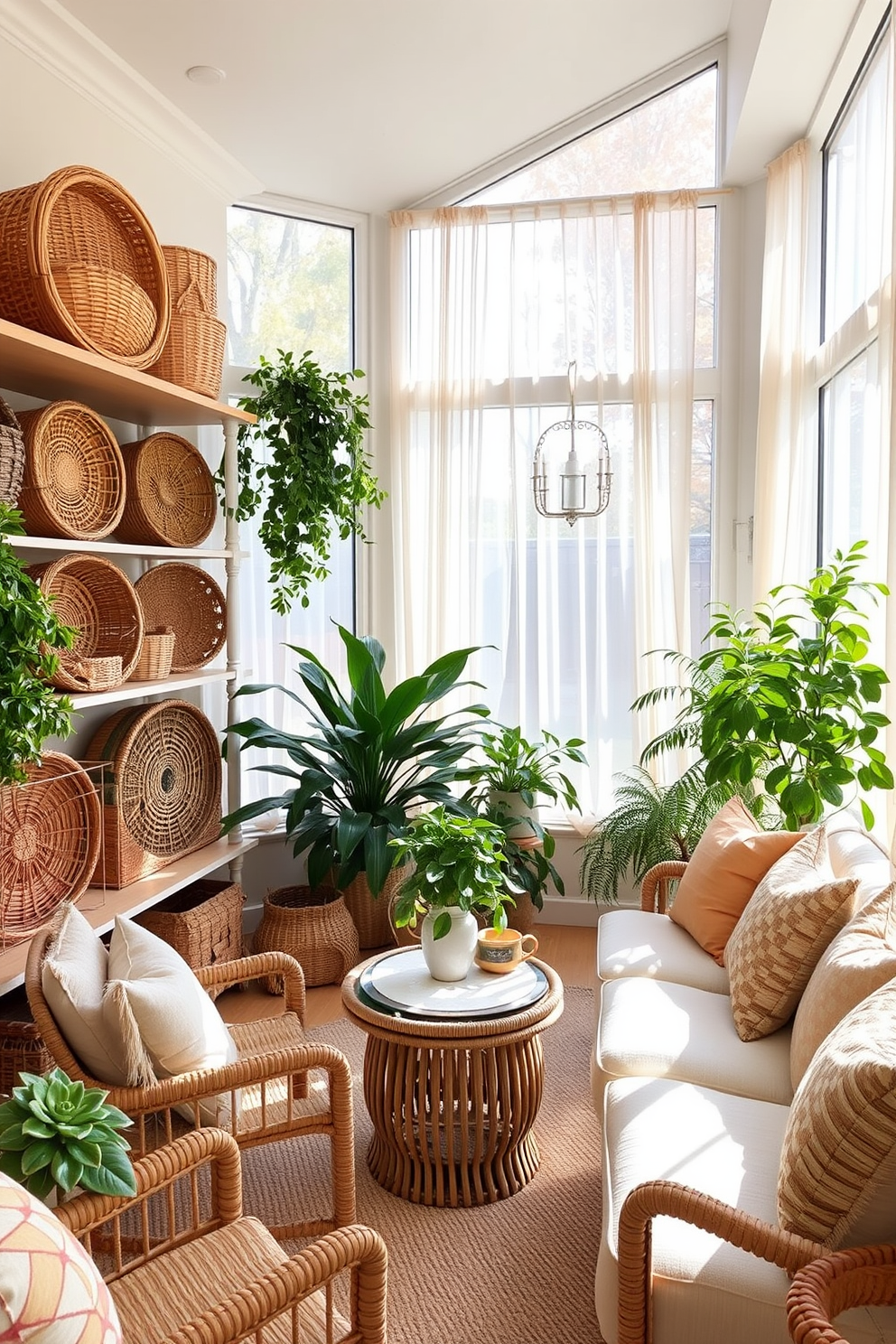 A cozy sunroom filled with natural light. Woven baskets are artfully arranged on shelves, providing both storage and decorative appeal. Soft, warm colors dominate the space, complemented by plush seating and an abundance of greenery. The sunroom features large windows with sheer curtains, allowing the autumn sunlight to filter in gently.