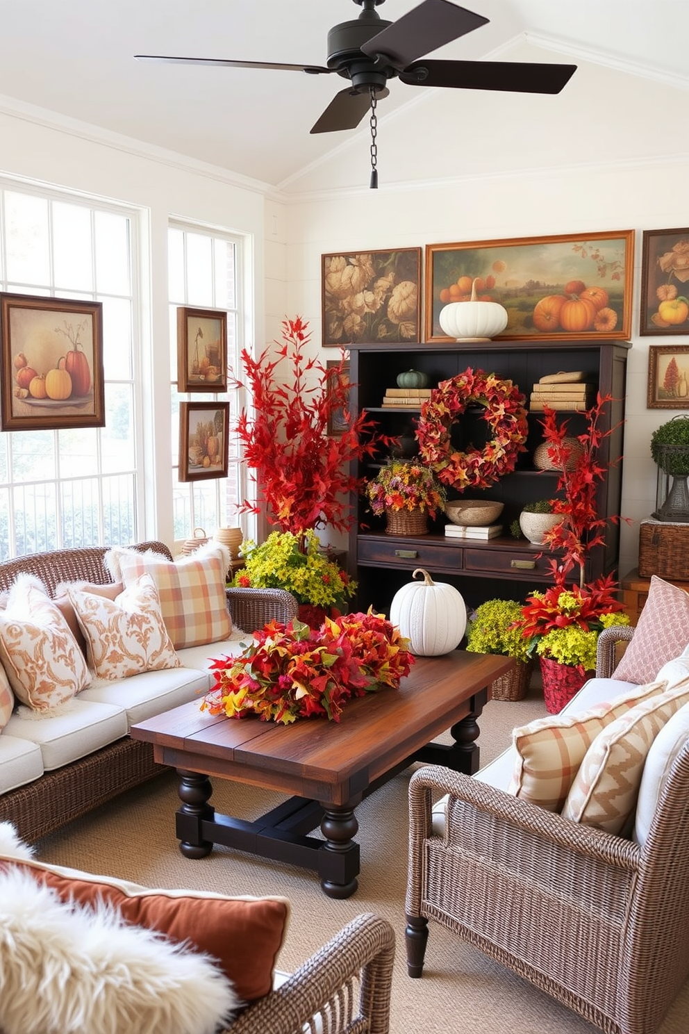 Vintage inspired fall artwork adorns the walls creating a warm and inviting atmosphere. The sunroom features cozy seating with plush cushions and a rustic wooden coffee table surrounded by vibrant autumn foliage.