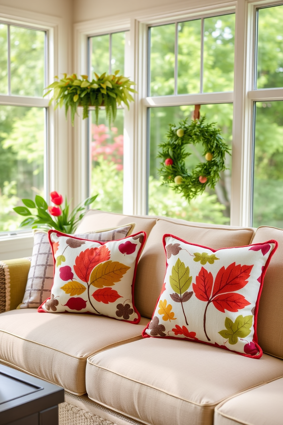 Seasonal throw pillows adorned with vibrant leaf patterns are arranged on a cozy sunroom sofa. The sunroom features large windows that allow natural light to flood in, creating a warm and inviting atmosphere.