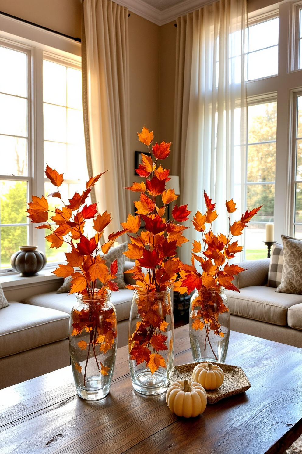 A cozy living room adorned with autumn leaves displayed in elegant glass vases. The vases are arranged on a rustic wooden coffee table, complementing the warm tones of the room. Large windows are dressed with sheer curtains that softly filter the golden sunlight. Decorative autumn-themed accents, such as small pumpkins and candles, are placed on the window sill, enhancing the seasonal ambiance.