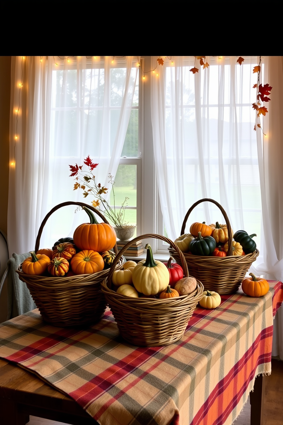 Colorful gourds of various shapes and sizes are artistically arranged in woven baskets, creating a vibrant display that captures the essence of autumn. The baskets are placed on a rustic wooden table adorned with a cozy plaid tablecloth, enhancing the warm and inviting atmosphere of the fall season. A large window is dressed in sheer white curtains that allow natural light to filter through, casting a soft glow on the gourds. Decorative elements like twinkling fairy lights and autumn leaves are added to the window ledge, creating a charming focal point that celebrates the beauty of fall.