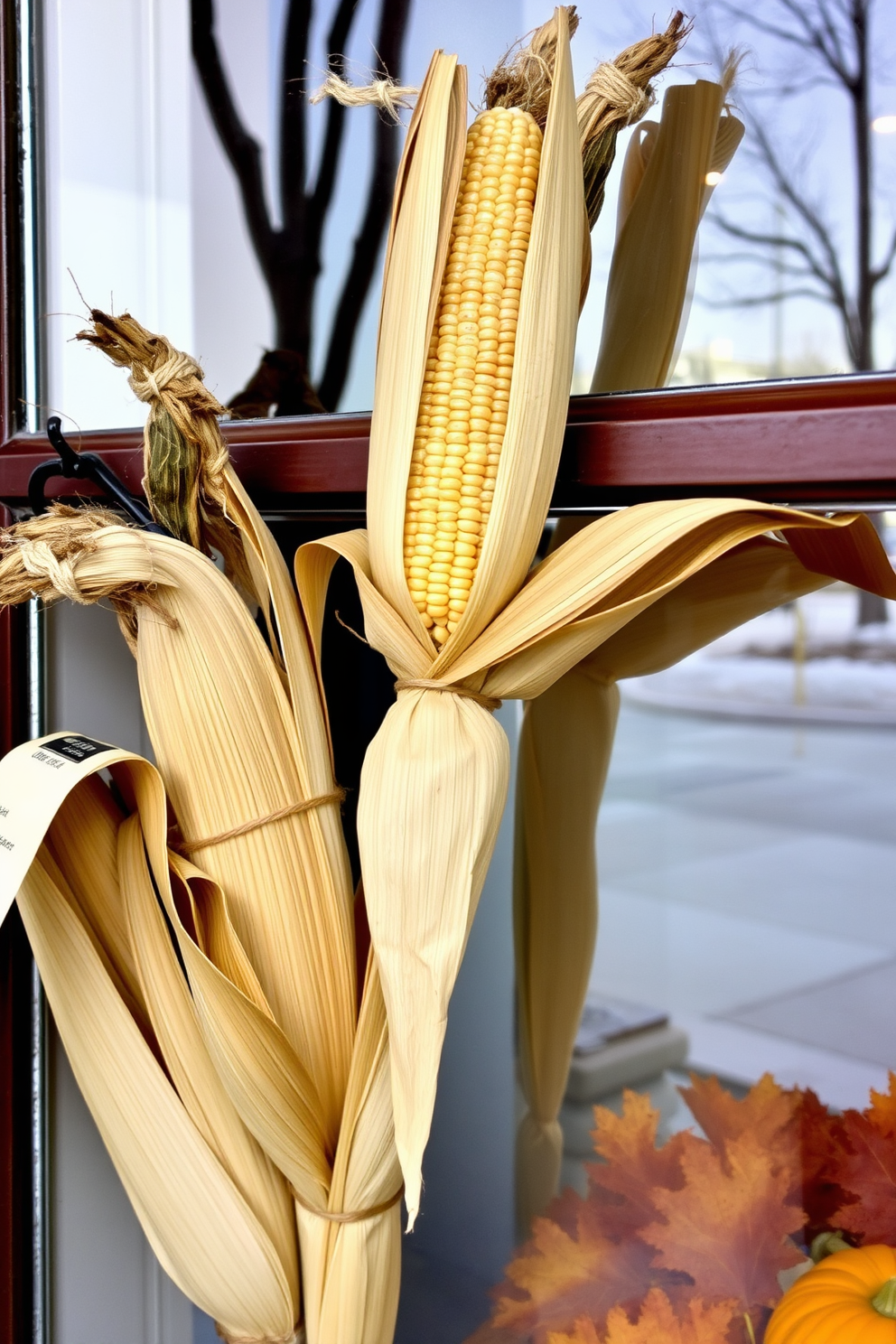 A charming fall window display featuring dried corn husks elegantly tied with twine. The corn husks are arranged in a way that captures the essence of autumn, bringing warmth and a rustic touch to the window.