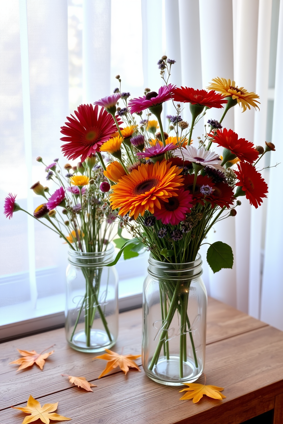 Nature-inspired bouquets in mason jars. Freshly picked wildflowers in vibrant colors are arranged in rustic mason jars, placed on a wooden table by the window. The window is adorned with sheer white curtains that gently filter the sunlight. Autumn leaves in warm hues of orange and yellow are scattered on the window sill to enhance the seasonal decor.