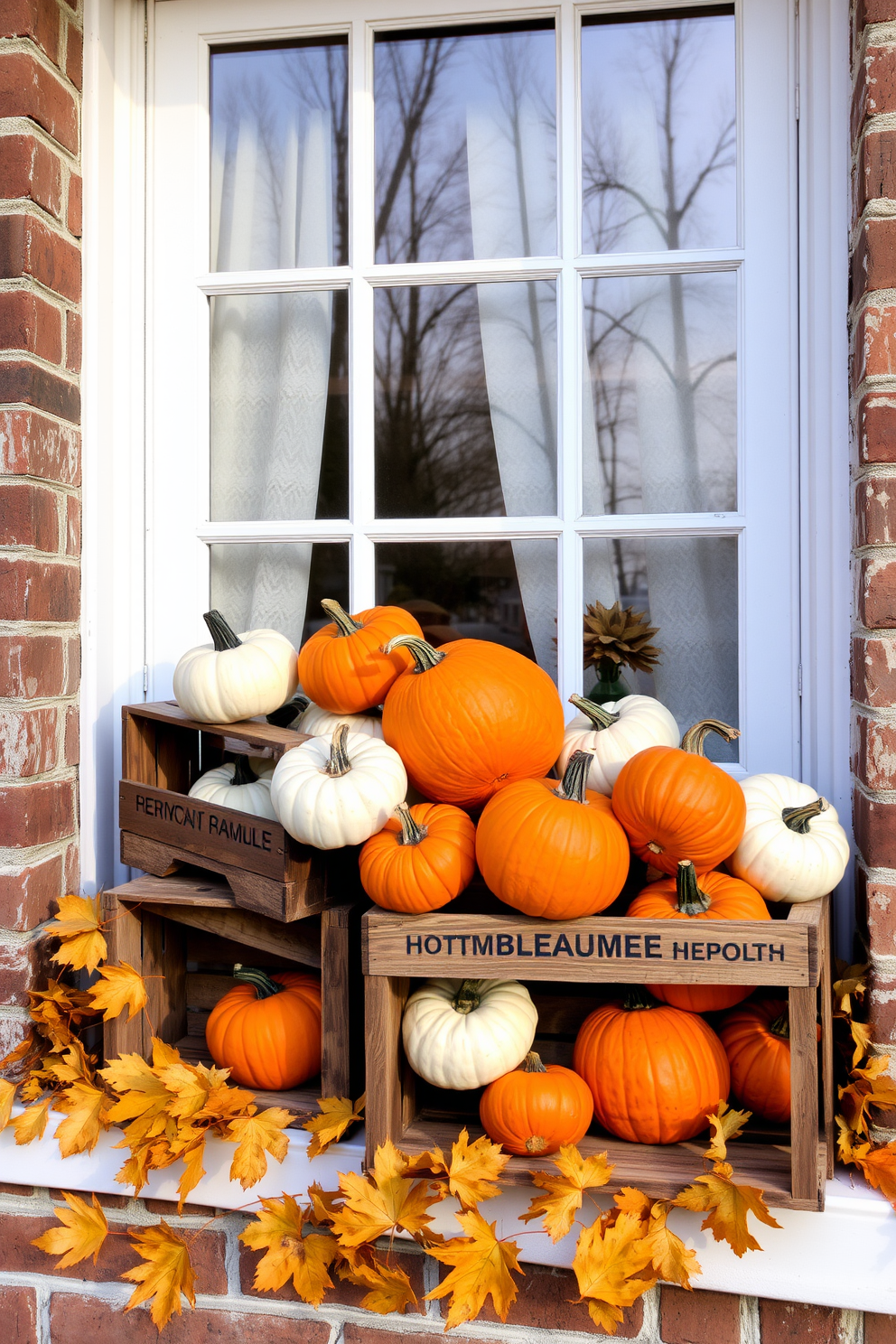 A cozy fall window display featuring vintage wooden crates overflowing with vibrant orange and white pumpkins. The crates are artfully arranged on the windowsill, complemented by soft golden autumn leaves scattered around for a seasonal touch.