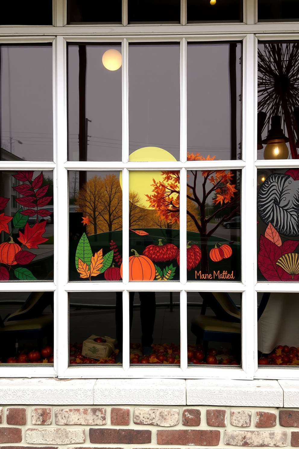 Seasonal artwork framed on windows creates a warm and inviting atmosphere. Rich autumn colors and nature-inspired designs enhance the beauty of the fall season.