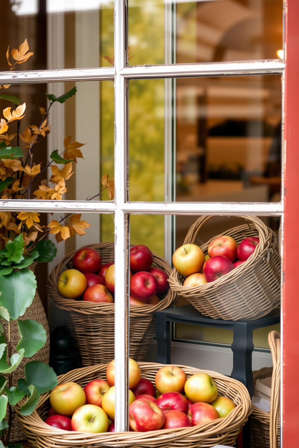 Create a cozy fall window display featuring woven baskets filled with vibrant red and green apples. The scene should evoke a warm autumn atmosphere, with soft natural light filtering through the window and highlighting the textures of the baskets and fruits.