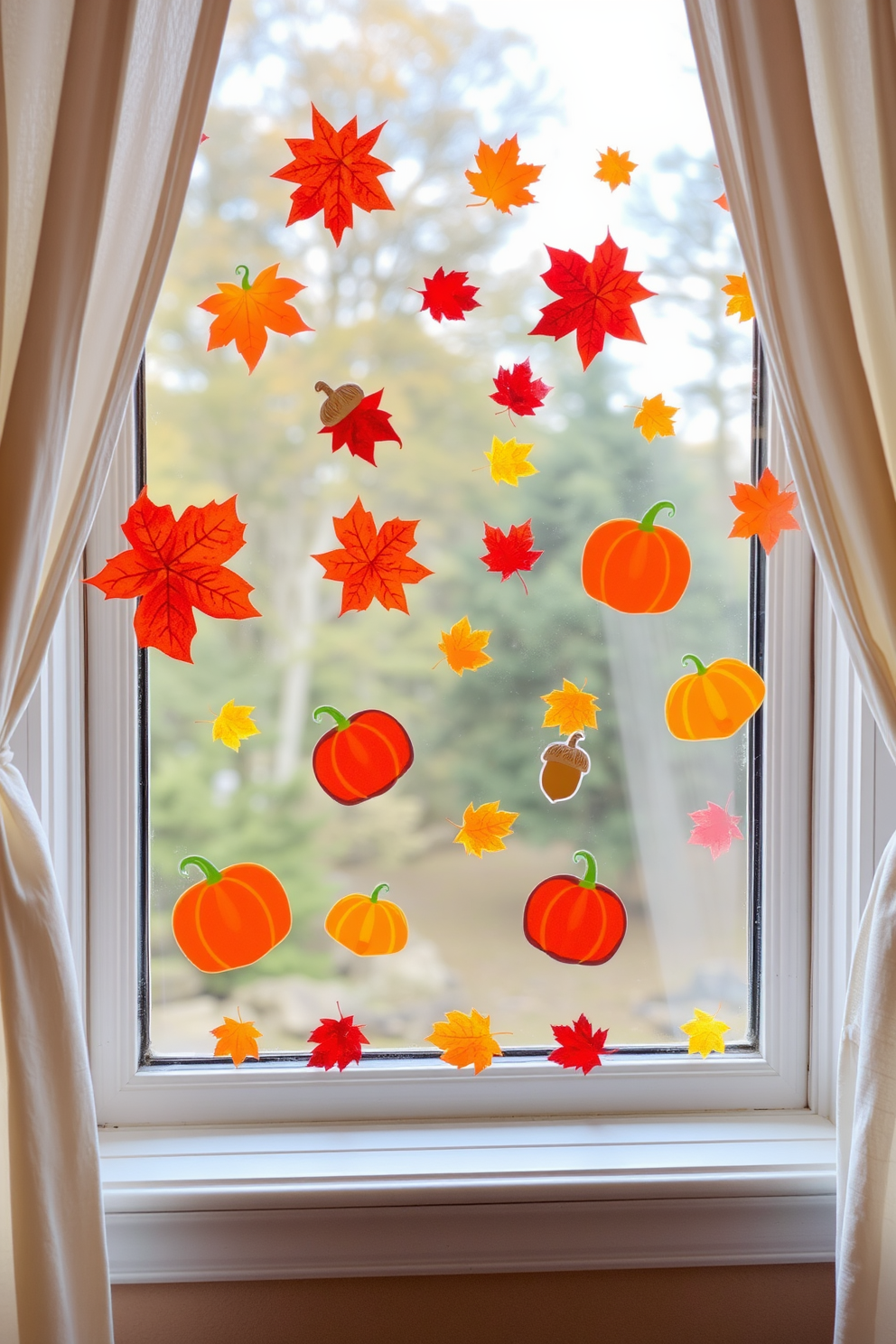 A cozy window adorned with fall-themed cling stickers featuring vibrant leaves, pumpkins, and acorns. The warm colors create an inviting atmosphere, perfect for the autumn season. The stickers are arranged playfully across the glass, allowing natural light to filter through while showcasing the seasonal decor. Soft, sheer curtains frame the window, enhancing the overall charm of the fall display.