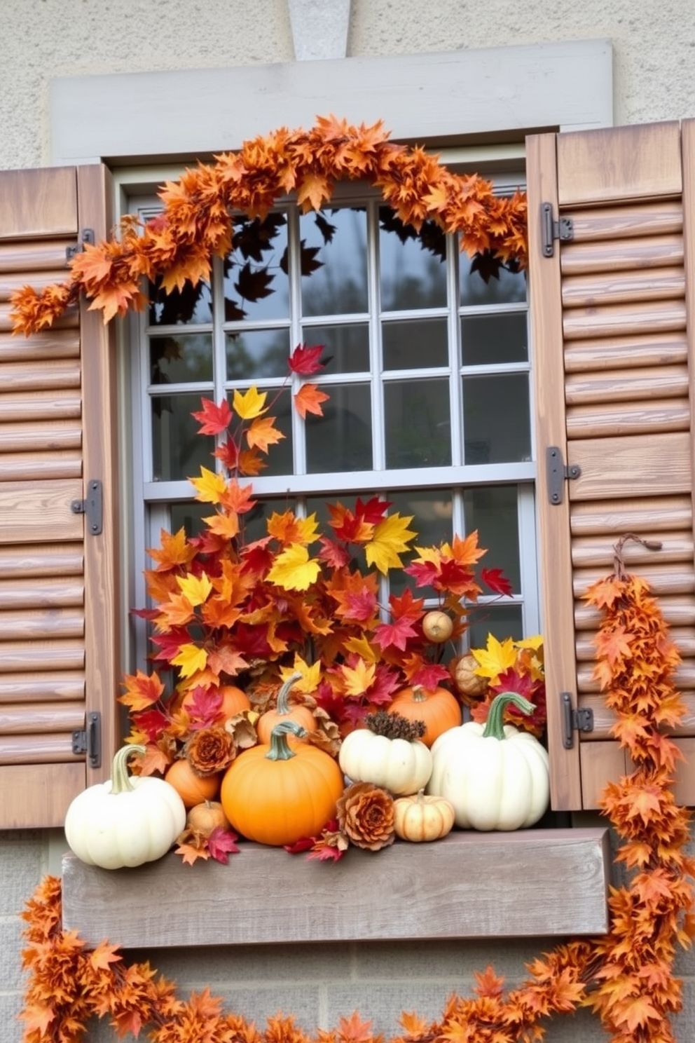 Rustic wood shutters frame a window adorned with vibrant autumn decor. Colorful leaves, pumpkins, and warm-toned garlands create a cozy seasonal atmosphere.