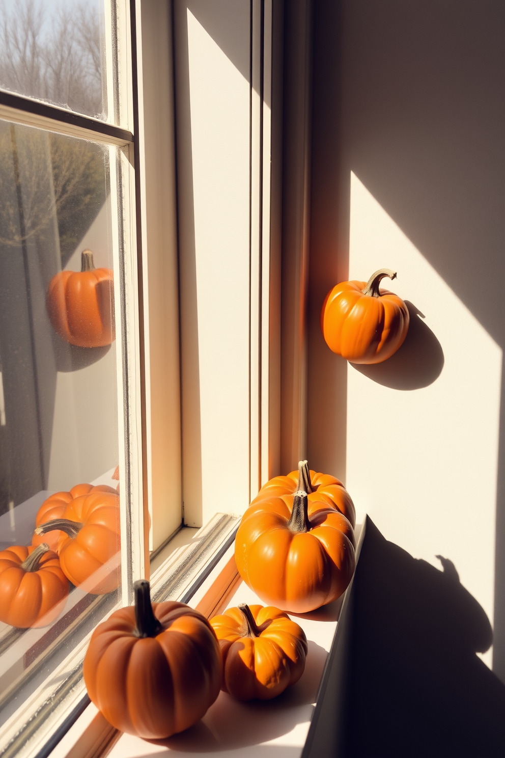 Mini pumpkins are artfully arranged on the window sills, adding a touch of autumn charm to the space. The warm hues of the pumpkins complement the soft natural light streaming in, creating a cozy and inviting atmosphere.