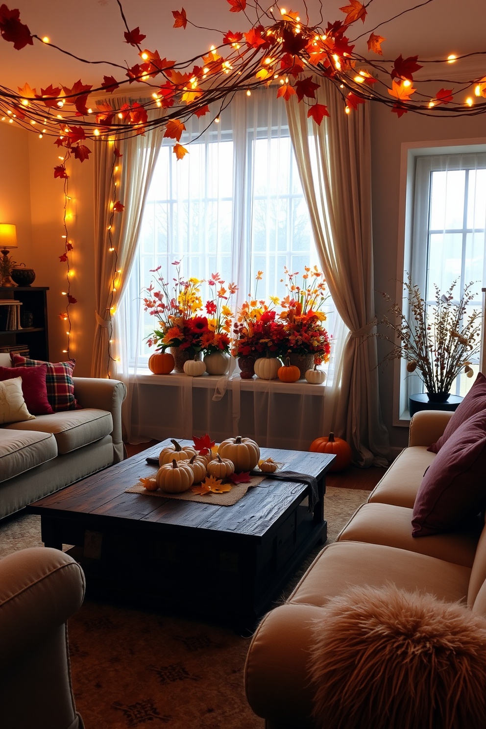 A cozy living room adorned with string lights intertwined with vibrant fall leaves. The warm glow of the lights casts a soft ambiance over a rustic wooden coffee table surrounded by plush seating. A large window features a beautiful arrangement of seasonal decorations, showcasing pumpkins and colorful autumn foliage. Sheer curtains gently frame the window, allowing natural light to filter through while enhancing the festive atmosphere.