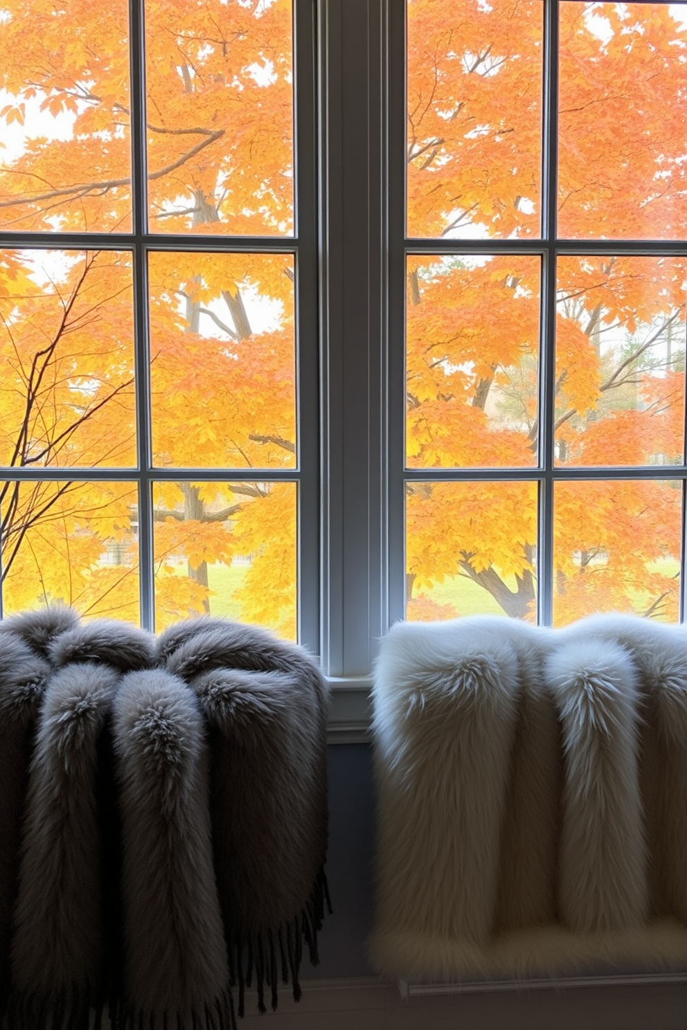 A cozy fall window setting adorned with faux fur throws draped elegantly over the sills. The warm hues of autumn leaves outside complement the soft textures of the throws, creating an inviting atmosphere.