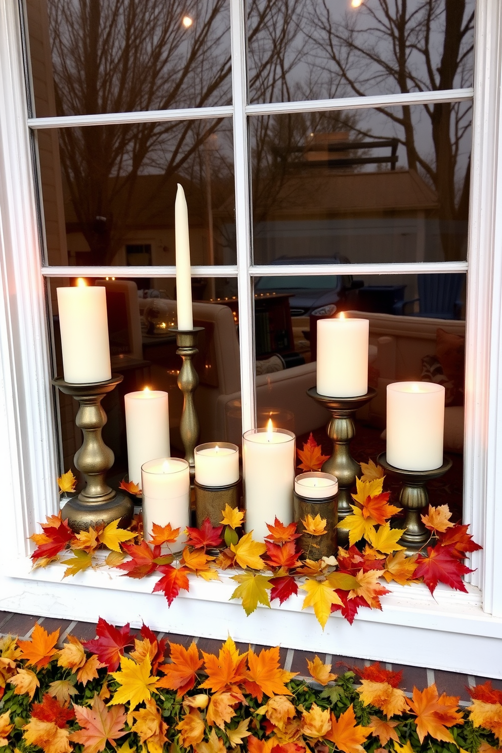 A cozy fall window display featuring decorative trays arranged with an assortment of candles in varying heights. Surrounding the trays are colorful autumn leaves artfully scattered to enhance the seasonal ambiance.