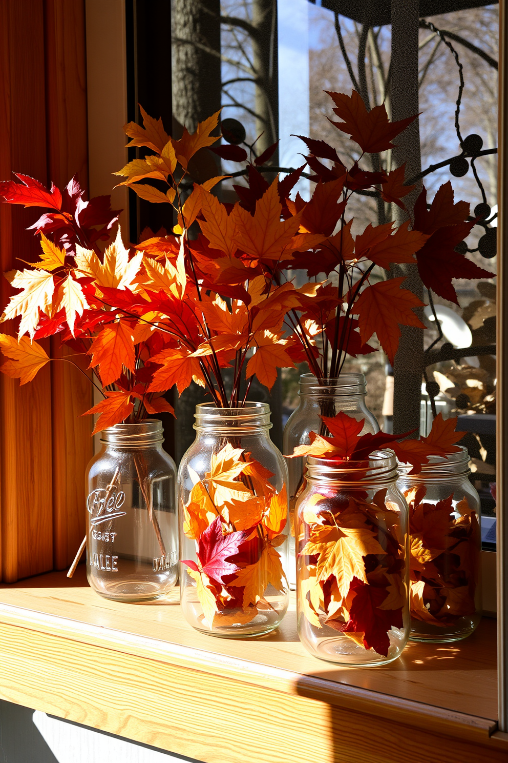 A cozy window display featuring glass jars filled with an array of colorful autumn leaves. The jars are arranged on a wooden windowsill, complemented by soft natural light filtering through the window.