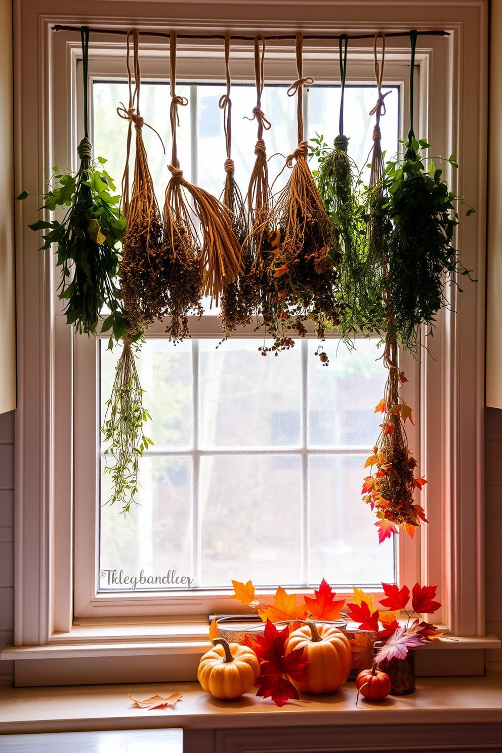 A cozy kitchen window adorned with hanging dried herbs creates a warm and inviting atmosphere. The herbs, tied with twine, sway gently in the breeze, adding a rustic charm to the space. For fall window decorating ideas, vibrant autumn leaves and small pumpkins can be arranged on the sill. Soft, warm lighting enhances the seasonal display, inviting the beauty of fall indoors.