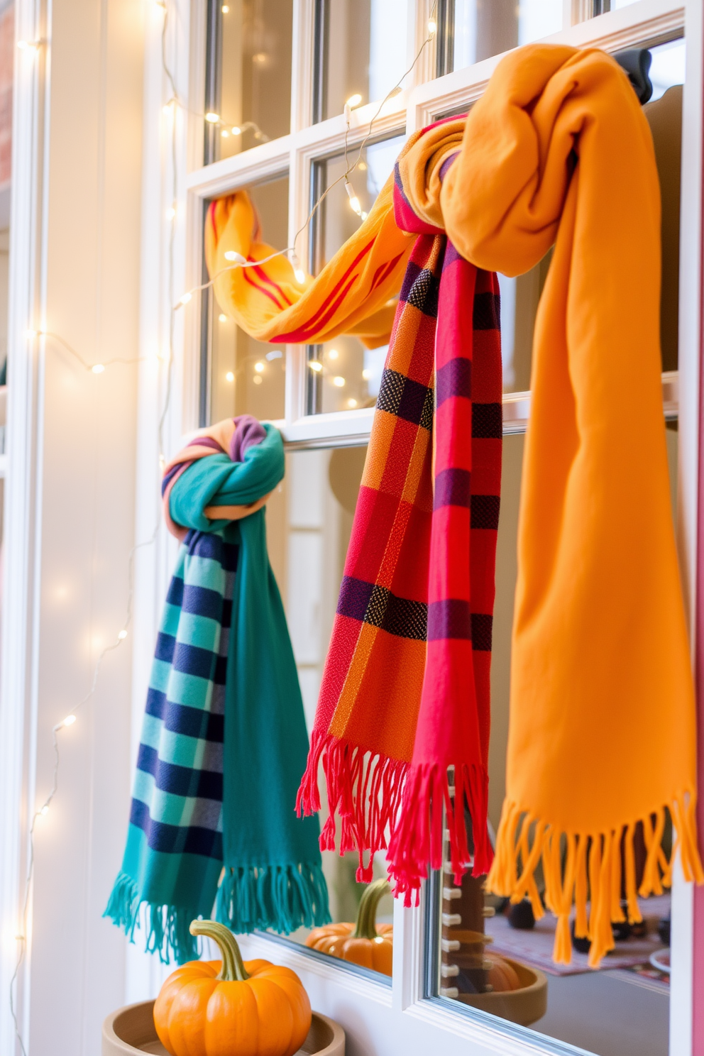 Colorful scarves tied around handles create a vibrant and cheerful atmosphere in any space. The scarves can be in various patterns and colors, adding a playful touch to your fall window decorations. Incorporate natural elements like small pumpkins or gourds alongside the scarves for a seasonal feel. Soft fairy lights can also be draped around the window to enhance the cozy ambiance.