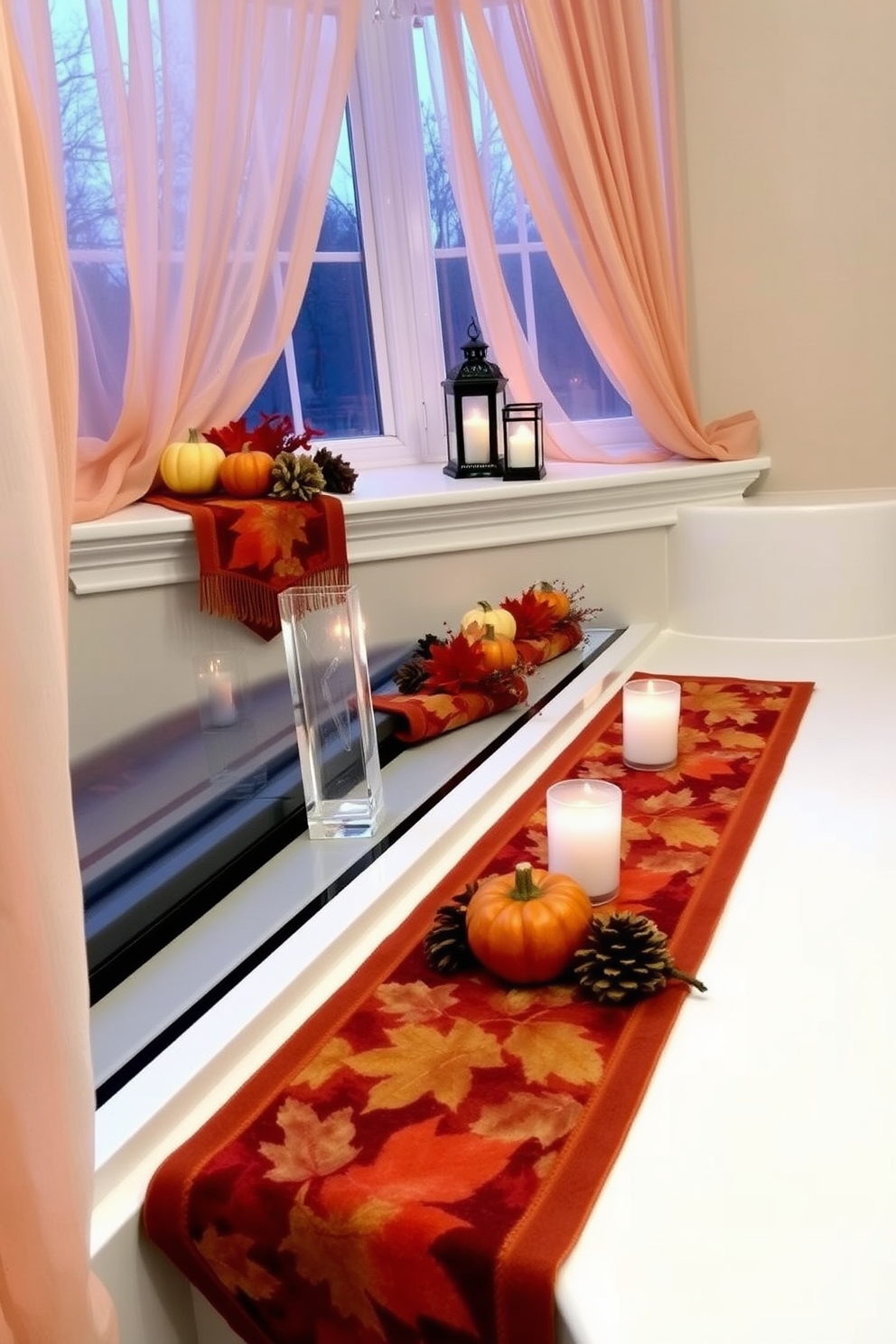 Autumn-themed table runners drape elegantly over window sills, showcasing rich hues of orange, red, and gold. Accompanying the runners are small pumpkins and seasonal foliage, creating a warm and inviting atmosphere. Fall window decorating ideas feature sheer curtains that allow natural light to filter through, enhancing the cozy ambiance. Decorative lanterns and candles are placed on the sills, casting a soft glow during the crisp evenings.