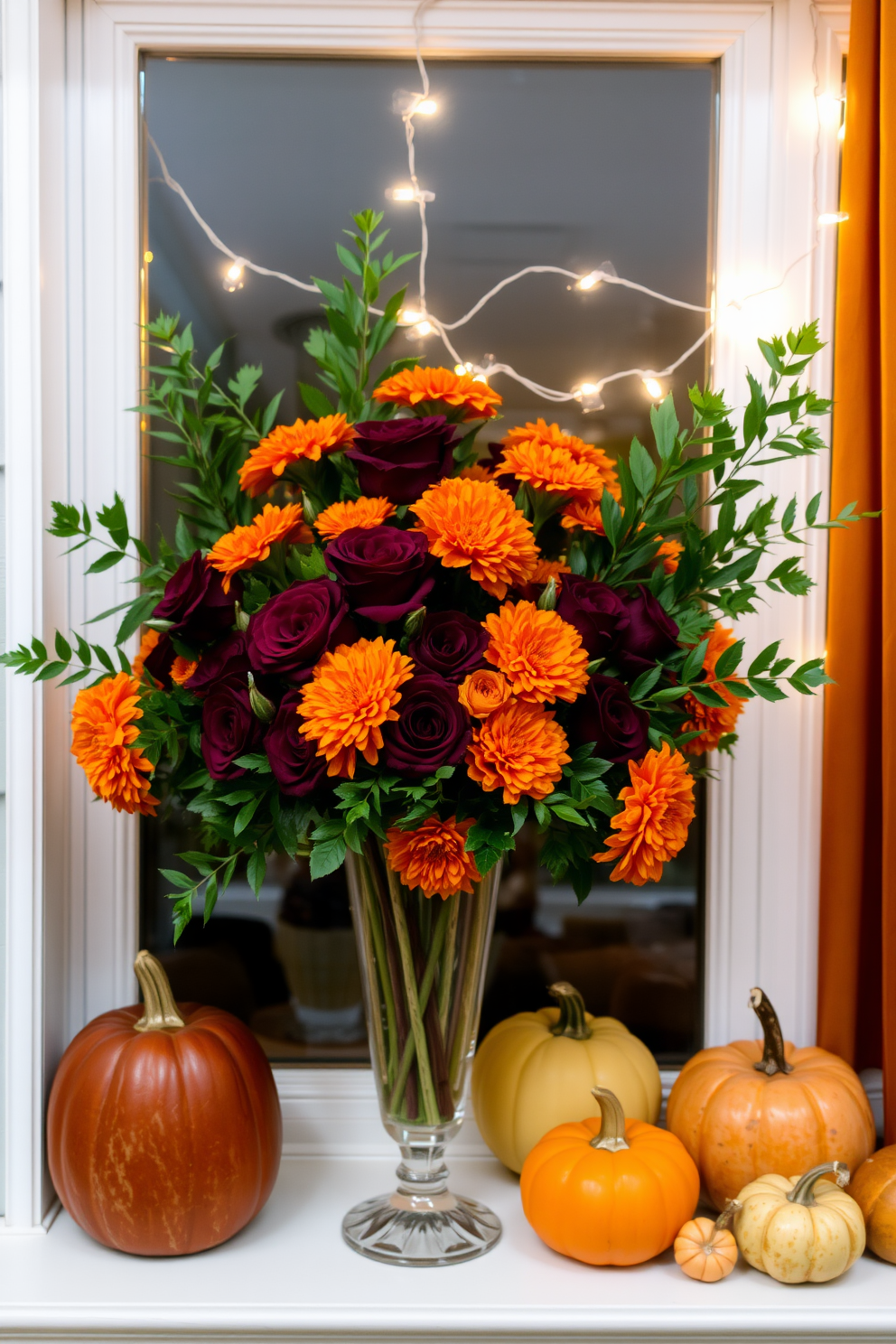 Floral arrangements featuring deep burgundy roses and vibrant orange marigolds are artfully displayed in an elegant glass vase. The arrangement is complemented by lush green foliage, creating a striking contrast against the rich colors. For fall window decorating ideas, a cozy scene is created with warm-toned curtains and a selection of pumpkins in varying sizes placed on the sill. A string of fairy lights adds a soft glow, enhancing the inviting atmosphere of the window display.