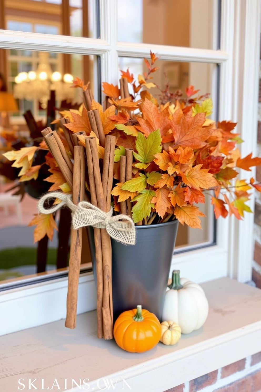 A cozy fall window display featuring cinnamon sticks tied with burlap. The arrangement includes a mix of autumn leaves and small pumpkins, creating a warm and inviting atmosphere.