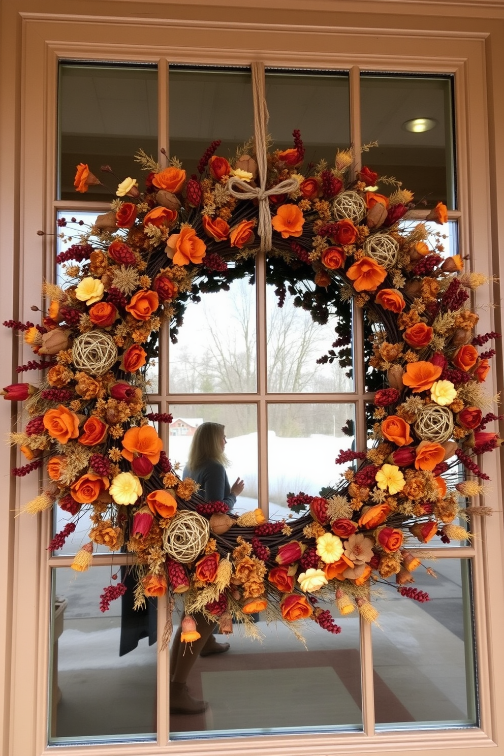 A beautiful window decorated for fall features a large wreath made of dried flowers in warm autumn hues. The wreath is adorned with subtle accents of twine and small pinecones, creating a cozy and inviting atmosphere.