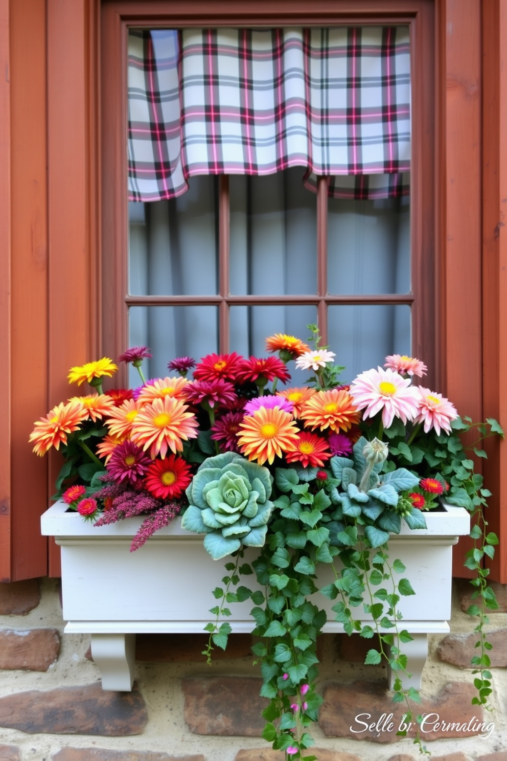 A charming window box filled with vibrant seasonal plants showcasing a mix of colorful chrysanthemums, ornamental kale, and trailing ivy. The window frame is adorned with rustic wooden accents and a soft plaid fabric curtain that enhances the cozy fall atmosphere.