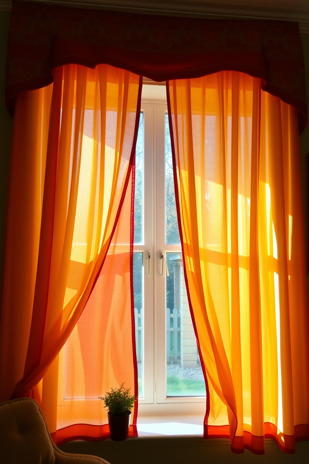 A cozy living room adorned with gauzy curtains in rich fall colors. The soft fabric gently filters the warm sunlight, creating a serene ambiance that complements the autumn-inspired decor. The window is framed with decorative cornices, showcasing the vibrant hues of orange, red, and yellow. A small potted plant sits on the windowsill, adding a touch of nature to the inviting space.