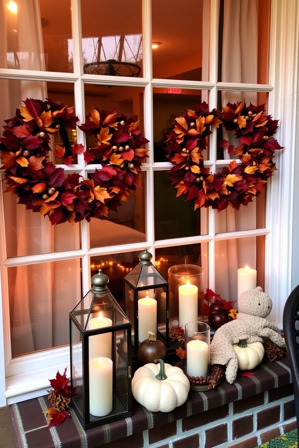 Candle lanterns adorned with seasonal accents create a warm and inviting atmosphere in any space. The windows are beautifully decorated with rich autumn hues, featuring leaves, pumpkins, and cozy textiles.