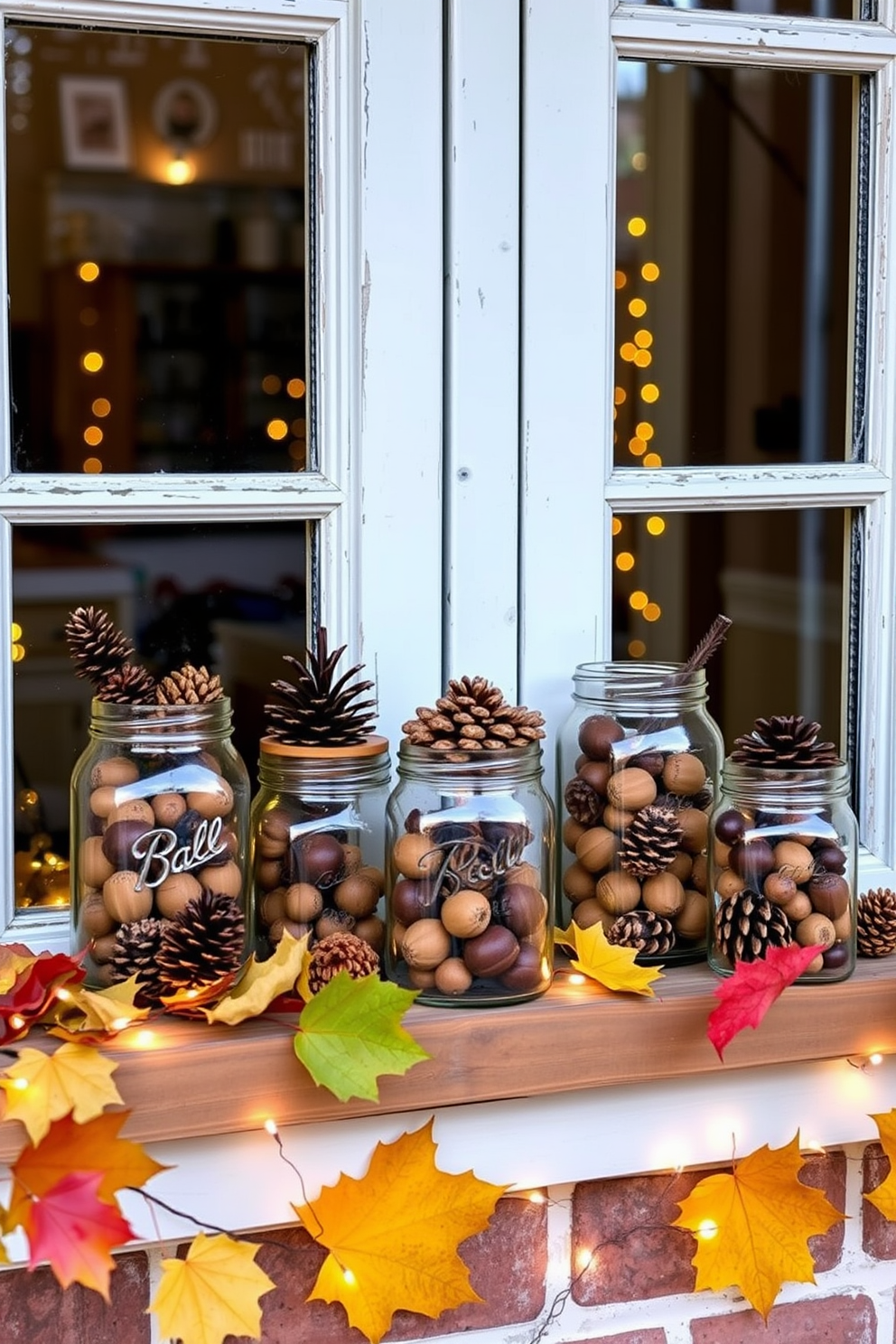 A cozy fall window display featuring jars filled with pinecones and acorns. The jars are arranged on a rustic wooden ledge, surrounded by soft fairy lights and autumn leaves for a warm ambiance.