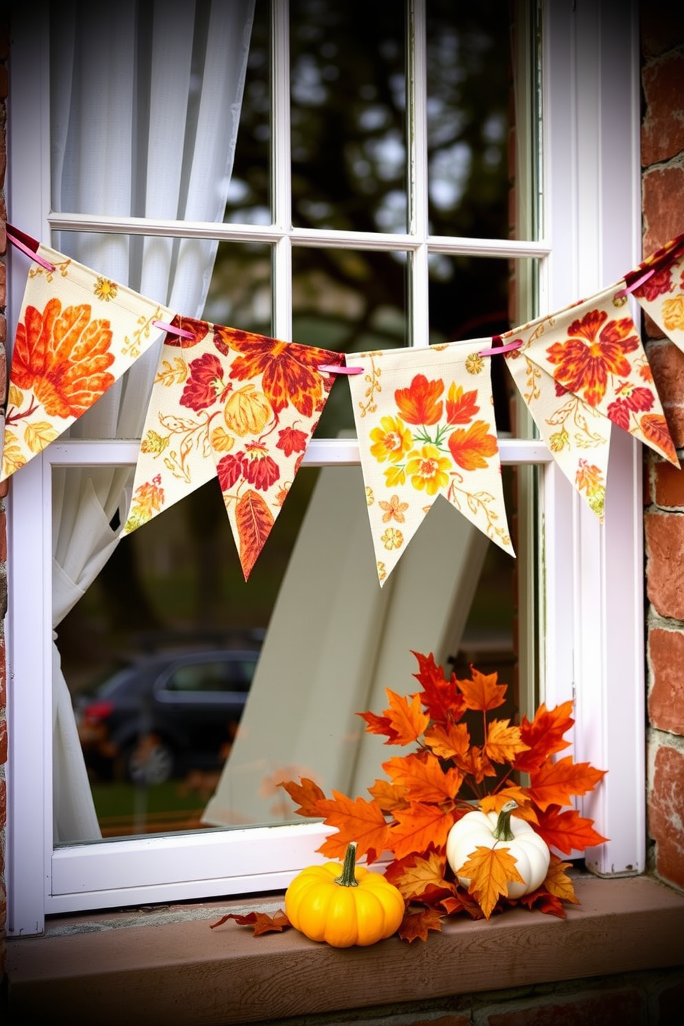 A cozy window display adorned with fabric bunting featuring vibrant autumn motifs. The bunting is strung across the top of the window, complemented by warm-toned leaves and small pumpkins on the windowsill.