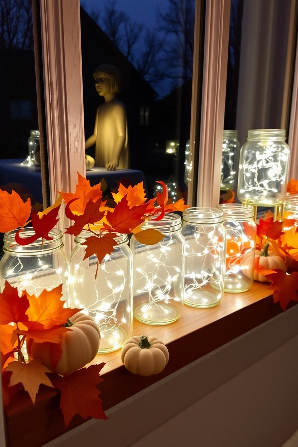 A cozy fall window display featuring twinkling fairy lights inside glass jars. The jars are arranged on a wooden windowsill adorned with colorful autumn leaves and small pumpkins.