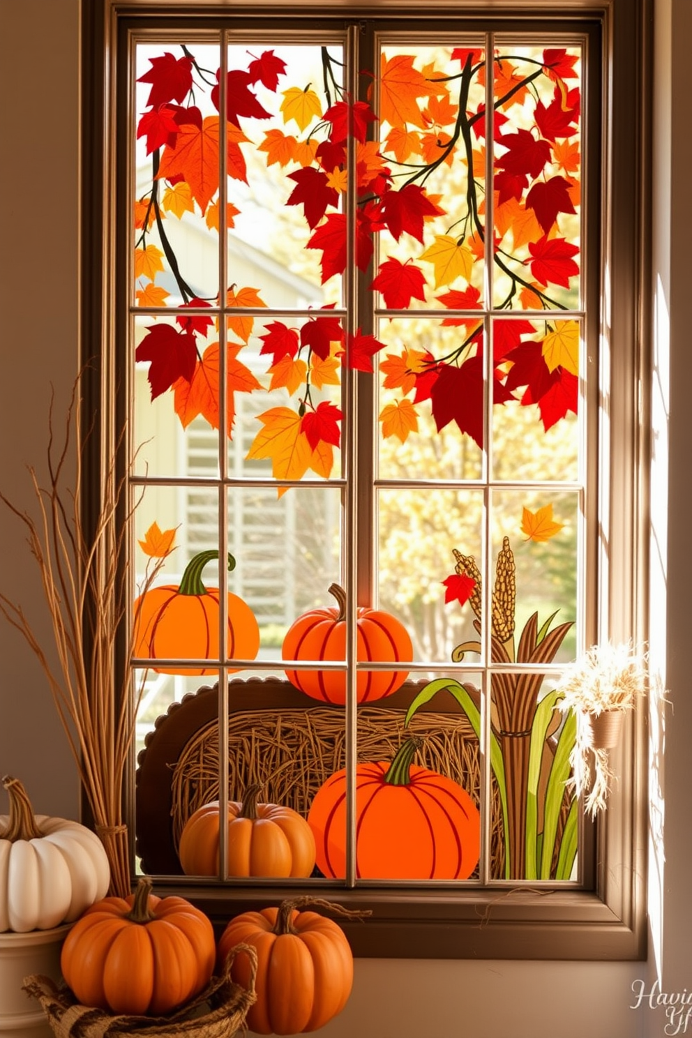 Create a cozy and inviting atmosphere with harvest-themed window decals that showcase vibrant autumn leaves and pumpkins. The decals should be designed to complement the warm hues of the season, enhancing the natural light streaming through the windows. Incorporate elements like hay bales and corn stalks to bring a rustic charm to the window decor. The overall look should evoke a sense of comfort and nostalgia, perfect for welcoming the fall season into your home.