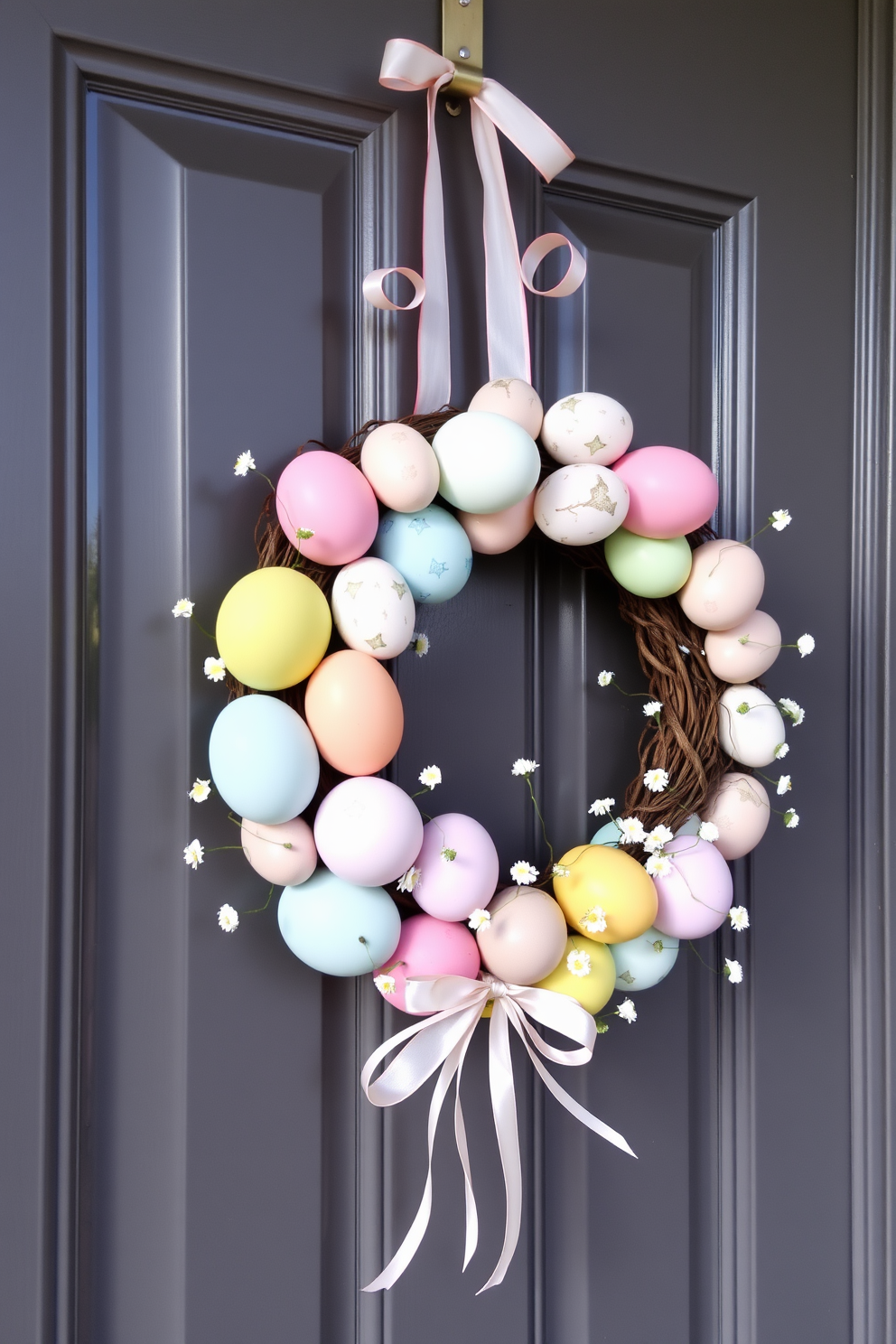 A colorful egg wreath made of various pastel-colored eggs hangs beautifully on the front door. The wreath is adorned with delicate ribbons and small spring flowers, creating a cheerful welcome for guests during the Easter season.