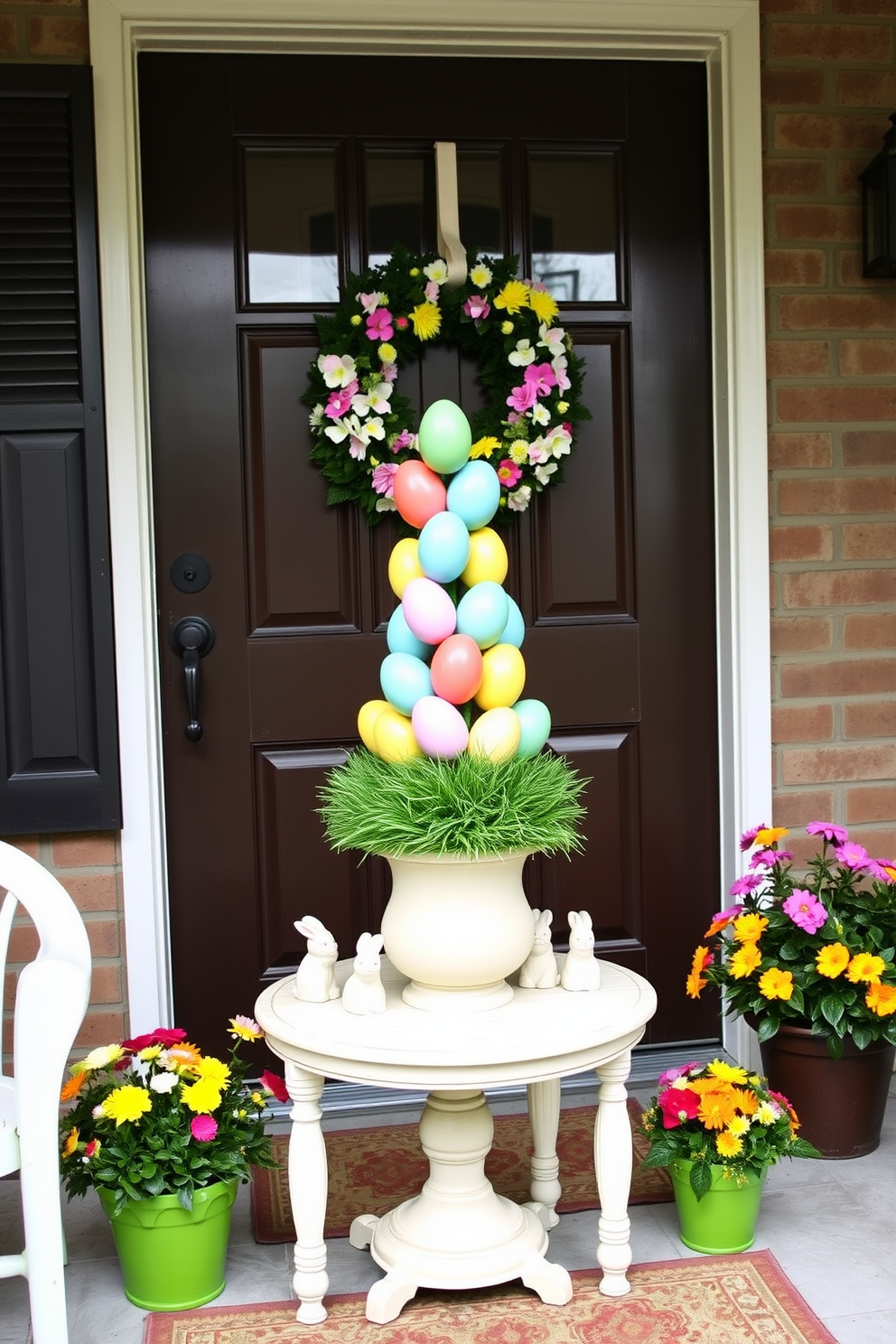 A charming porch table is adorned with a whimsical Easter egg topiary, featuring vibrant pastel-colored eggs meticulously arranged atop a lush green base. Surrounding the topiary are small decorative bunnies and colorful spring flowers, creating a festive atmosphere that invites guests to celebrate the season. The front door is beautifully decorated with a cheerful wreath made of faux flowers and Easter eggs, adding a pop of color to the entryway. Flanking the door are potted plants with bright blooms, enhancing the welcoming feel of the home during the Easter festivities.