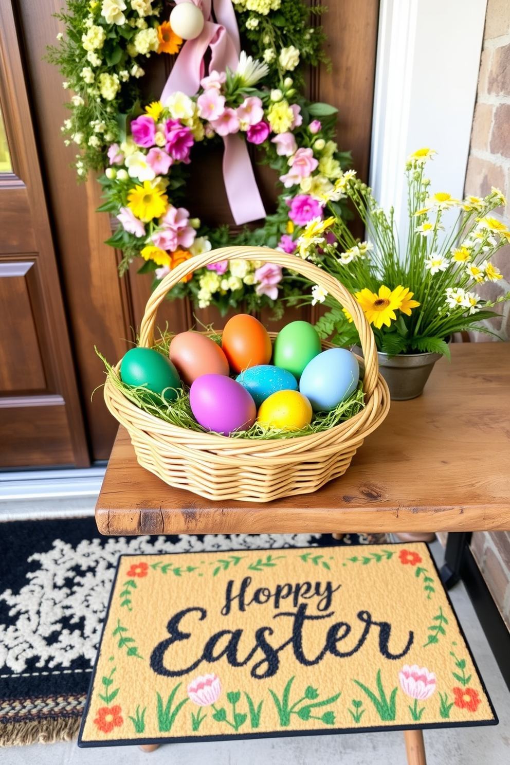 Brightly painted eggs in a woven basket sit on a rustic wooden table. The vibrant colors of the eggs contrast beautifully with the natural tones of the basket, creating a cheerful and inviting display. The front door is adorned with a festive wreath made of spring flowers and greenery. A welcome mat with a playful Easter design complements the cheerful decor, enhancing the overall festive atmosphere.