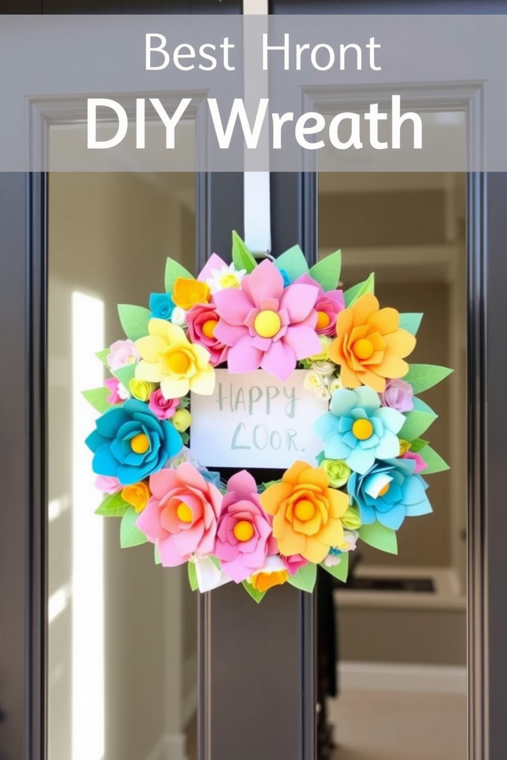 A charming DIY wreath made from colorful felt flowers adorns the front door, welcoming guests with a burst of springtime cheer. The wreath features an assortment of pastel hues, intricately layered to create a vibrant and inviting display for Easter celebrations.