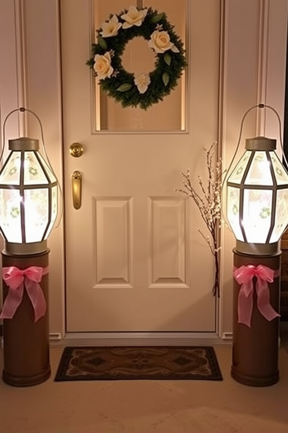 Spring themed lanterns are placed on either side of the front door creating a warm and inviting entrance. The lanterns are adorned with pastel colored flowers and soft glowing lights that enhance the festive Easter atmosphere.