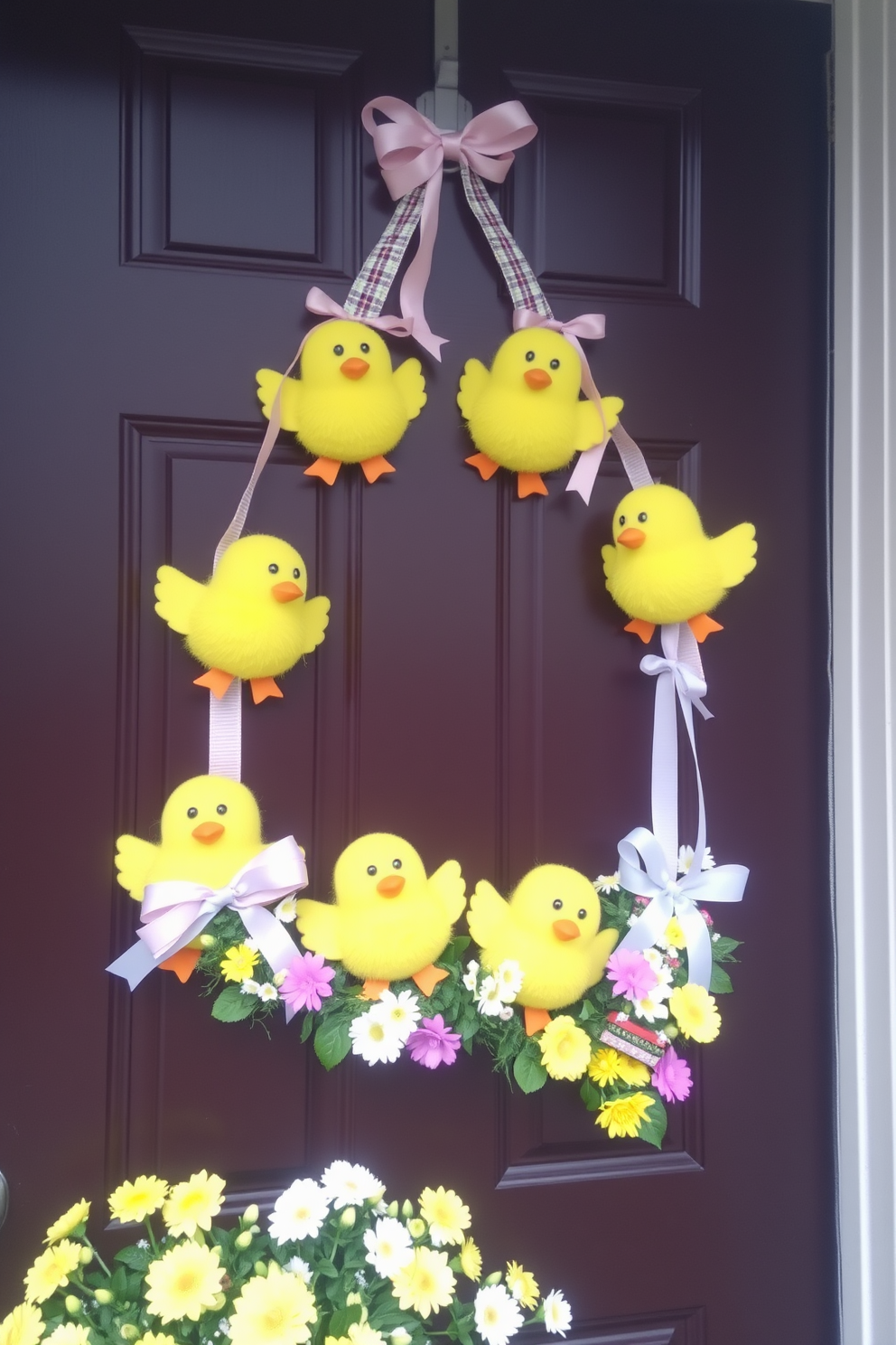 Charming chick decorations adorn the front door, bringing a playful touch to the entrance. Brightly colored chicks are arranged in a whimsical display, complemented by pastel ribbons and spring flowers.