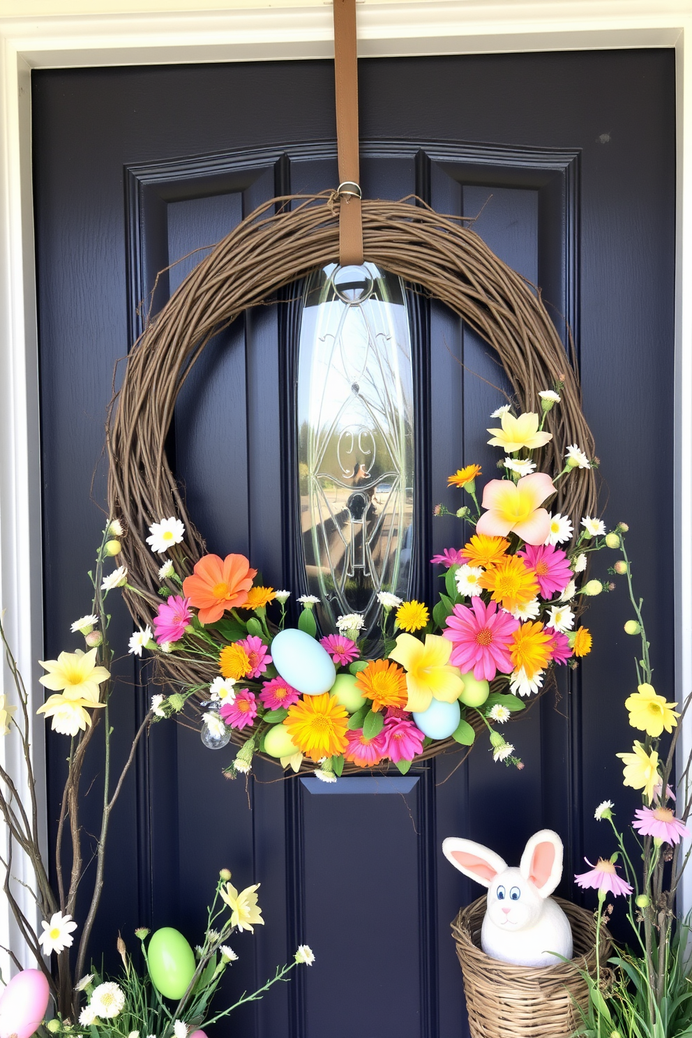 A natural twig wreath adorned with vibrant flowers and pastel-colored eggs hangs on the front door. The wreath creates a welcoming atmosphere, perfectly complementing the cheerful Easter decorations that surround the entrance.