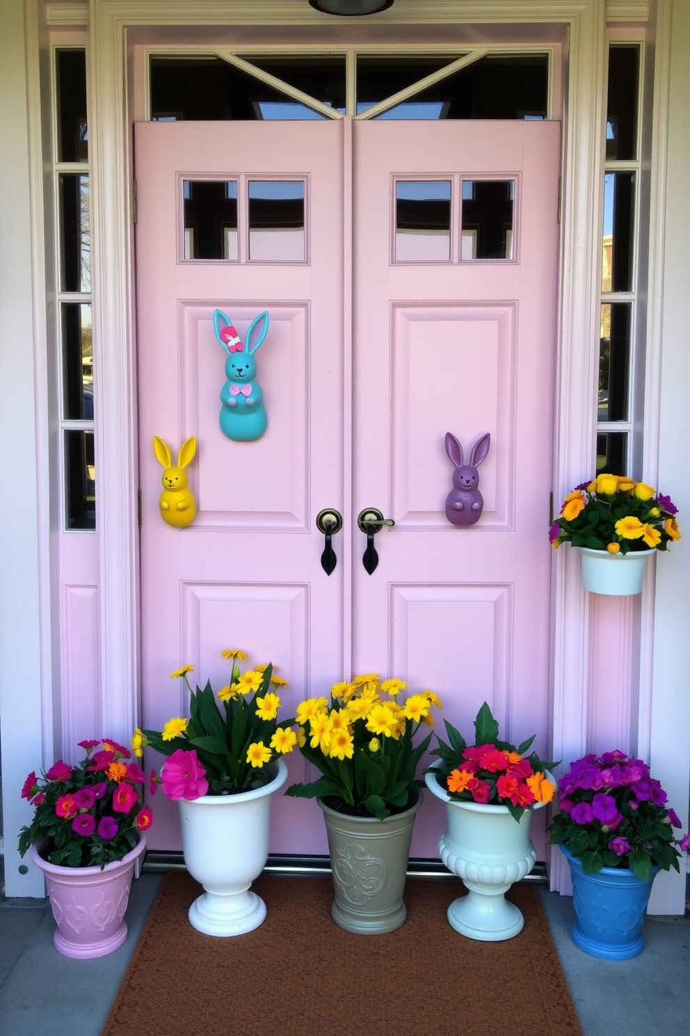 A whimsical front door adorned with colorful Easter bunny door knockers welcomes guests with a playful touch. The door is painted in a cheerful pastel hue, surrounded by vibrant spring flowers in decorative pots.