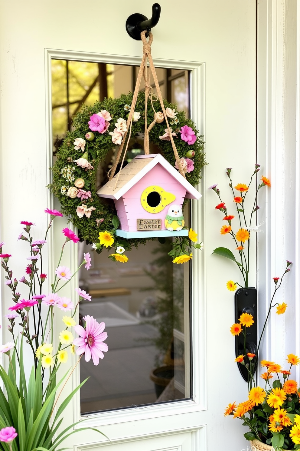 A charming front door adorned with a whimsical hanging birdhouse decorated for spring. The birdhouse is painted in pastel colors and surrounded by vibrant flowers and cheerful Easter decorations.