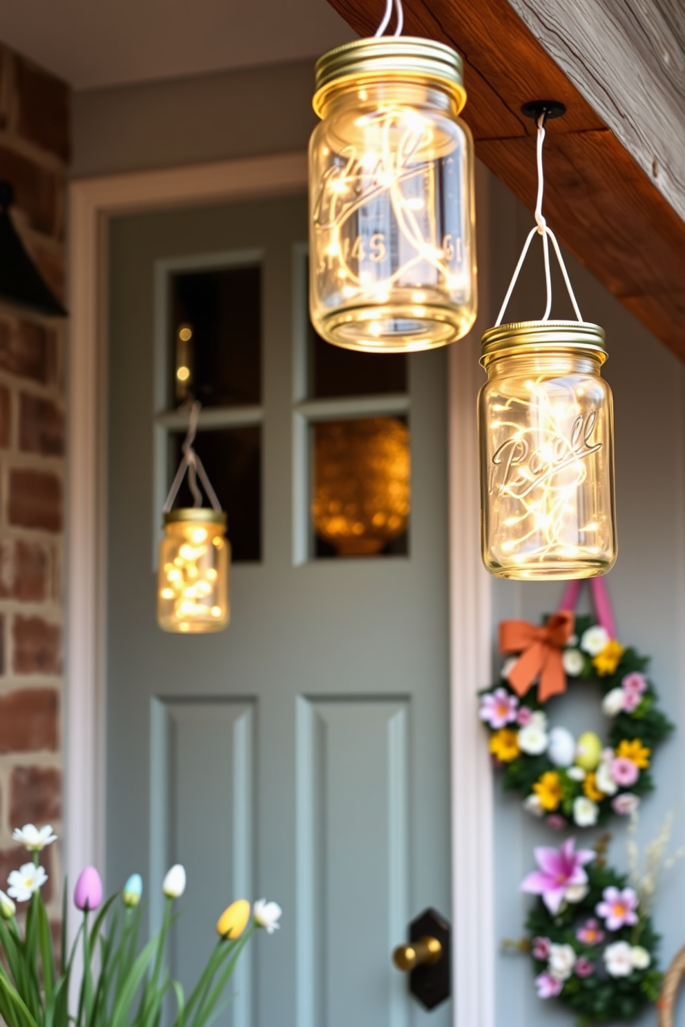 A charming front door adorned with mason jar lanterns filled with warm fairy lights creates a welcoming atmosphere. The jars are hung from a rustic wooden beam, casting a soft glow on the doorstep, while colorful Easter decorations like pastel eggs and floral wreaths enhance the festive spirit.