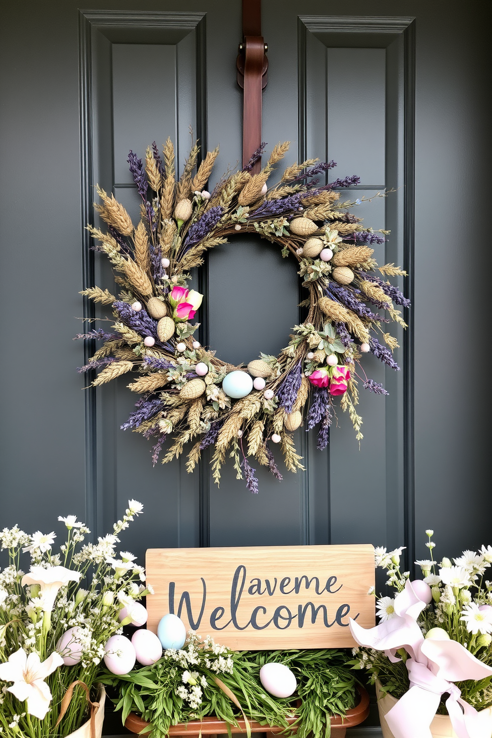 A beautiful front door adorned with a wreath made from dried flowers and herbs. The wreath features an array of muted tones, showcasing textures of lavender, eucalyptus, and wheat, creating a rustic yet elegant look. Surrounding the door, soft pastel decorations enhance the Easter theme. Delicate eggs in soft pink and blue hues are nestled among the greenery, while a cheerful welcome sign adds a touch of charm.