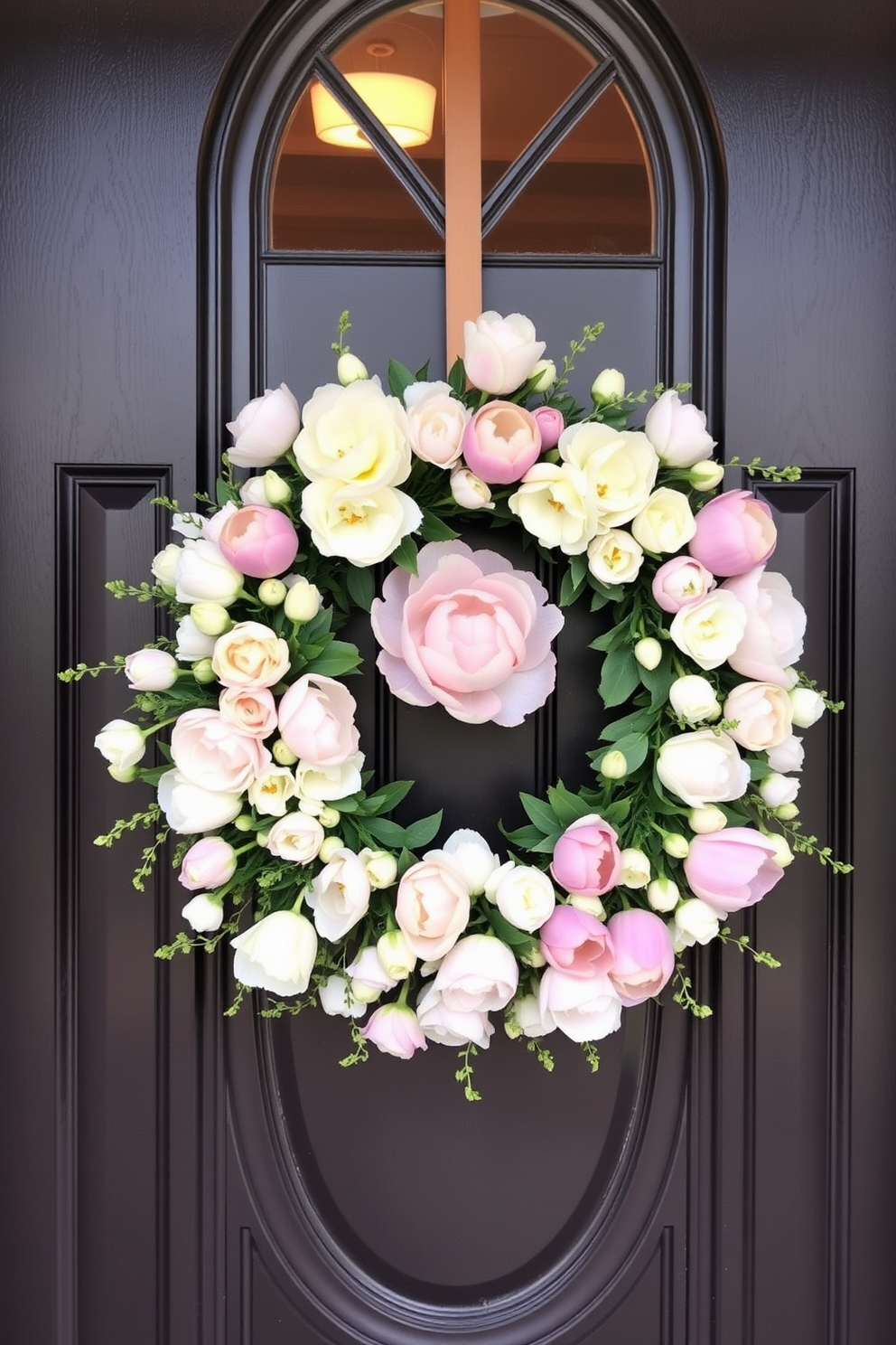 A beautiful front door adorned with a floral spring wreath featuring an array of pastel colors. The wreath includes delicate blooms like peonies and tulips, creating a cheerful and inviting entrance for Easter celebrations.