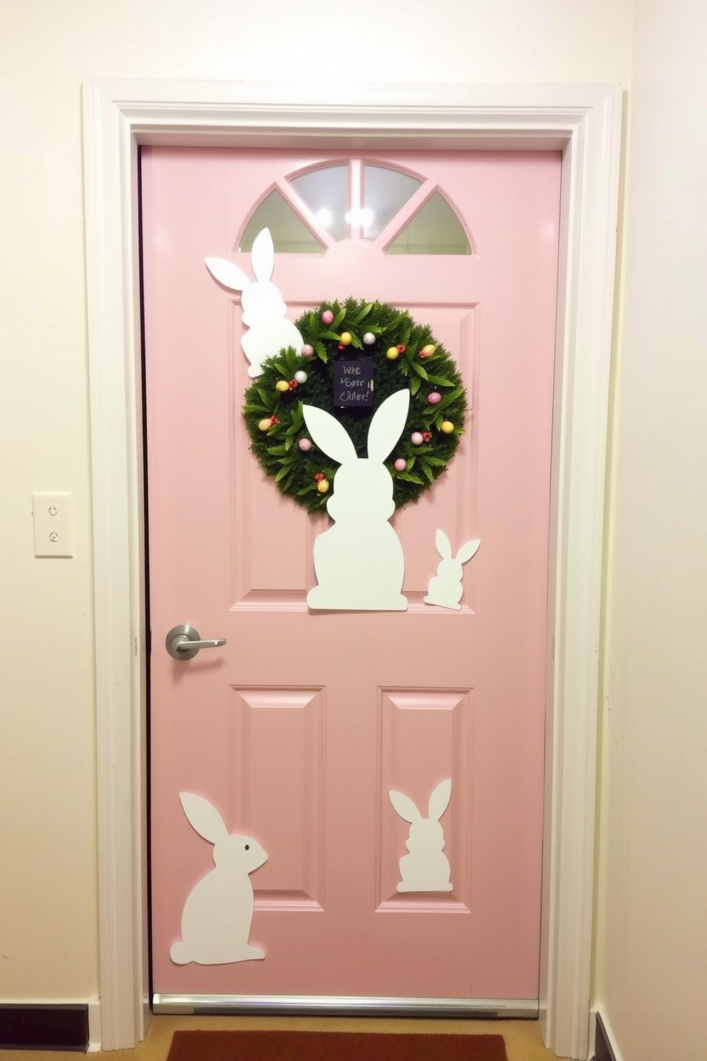 A charming front door adorned with bunny silhouette cutouts creates a festive Easter atmosphere. The door is painted in a soft pastel color, enhancing the playful design of the cutouts.