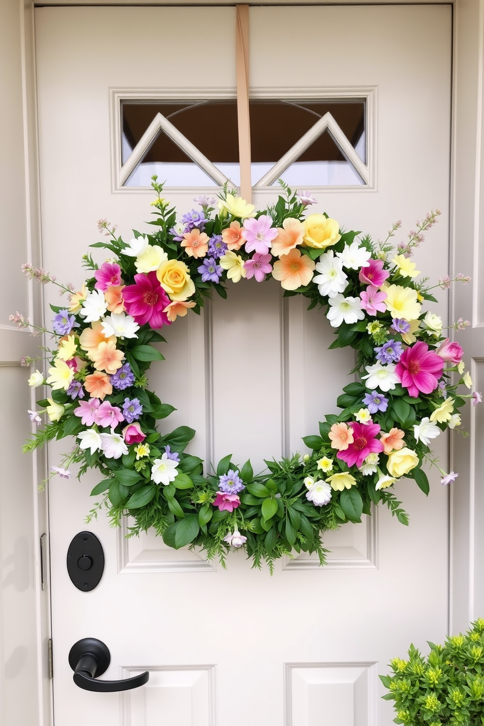 A charming front door adorned with a flower crown made of vibrant seasonal blooms. The crown features a mix of pastel-colored flowers intertwined with lush green foliage, creating a welcoming and festive atmosphere for Easter.