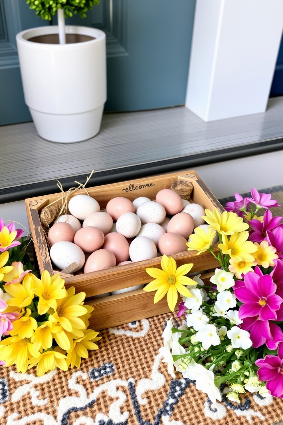 A rustic wooden crate filled with fresh, speckled eggs sits on the welcome mat by the front door. Surrounding the crate are vibrant spring flowers in pastel colors, creating a cheerful and inviting Easter display.