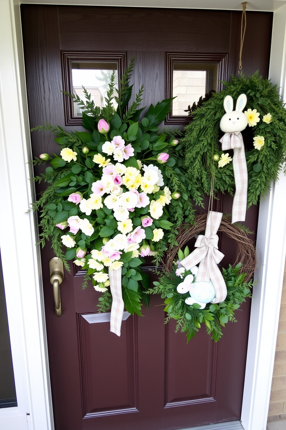 A charming front door adorned with a seasonal door swag featuring lush greenery and pastel-colored flowers. The swag is beautifully arranged to create a welcoming atmosphere, complemented by a decorative Easter-themed wreath hanging nearby.