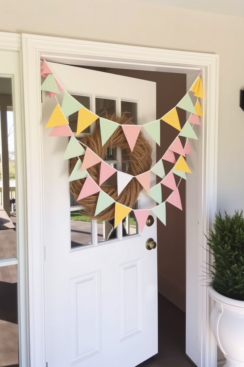 A cheerful front door adorned with pastel bunting creates a welcoming atmosphere. The bunting features an array of soft colors like pink, yellow, and mint green, adding a festive touch for Easter celebrations.