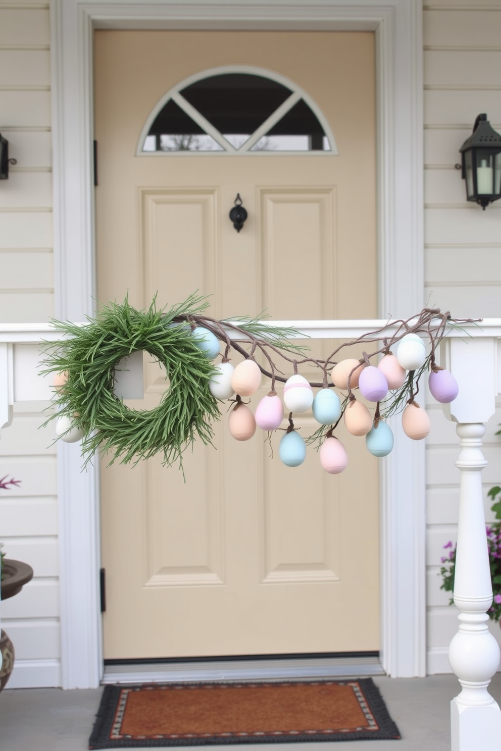 A charming front door adorned with a decorative egg garland drapes elegantly along the railing. The garland features pastel-colored eggs in various sizes, creating a festive and inviting atmosphere for Easter celebrations.