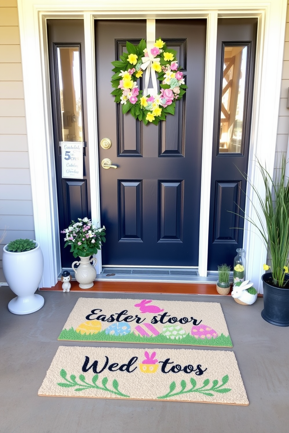 A charming Easter-themed welcome mat greets guests at the entrance of the front door. The mat features pastel colors with cheerful designs of Easter eggs and bunnies, adding a festive touch to the entryway. Brightly colored wreaths adorned with faux flowers and Easter ornaments hang on the front door. Decorative accents such as small potted plants and Easter-themed figurines line the entrance, creating a warm and inviting atmosphere.